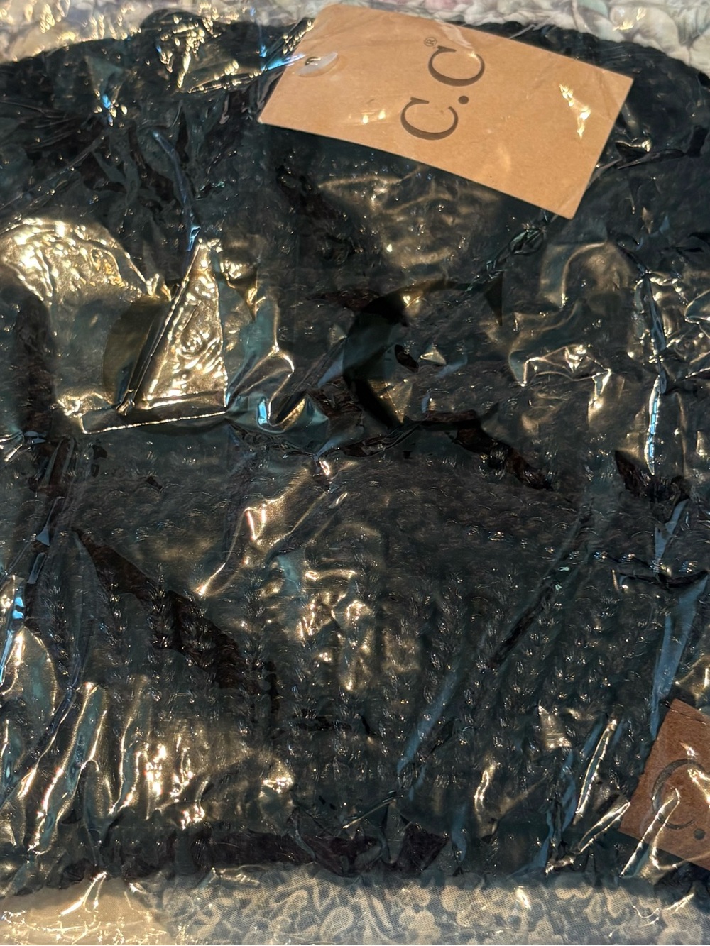 C.C Black MetalicBeanie with Knit Texture